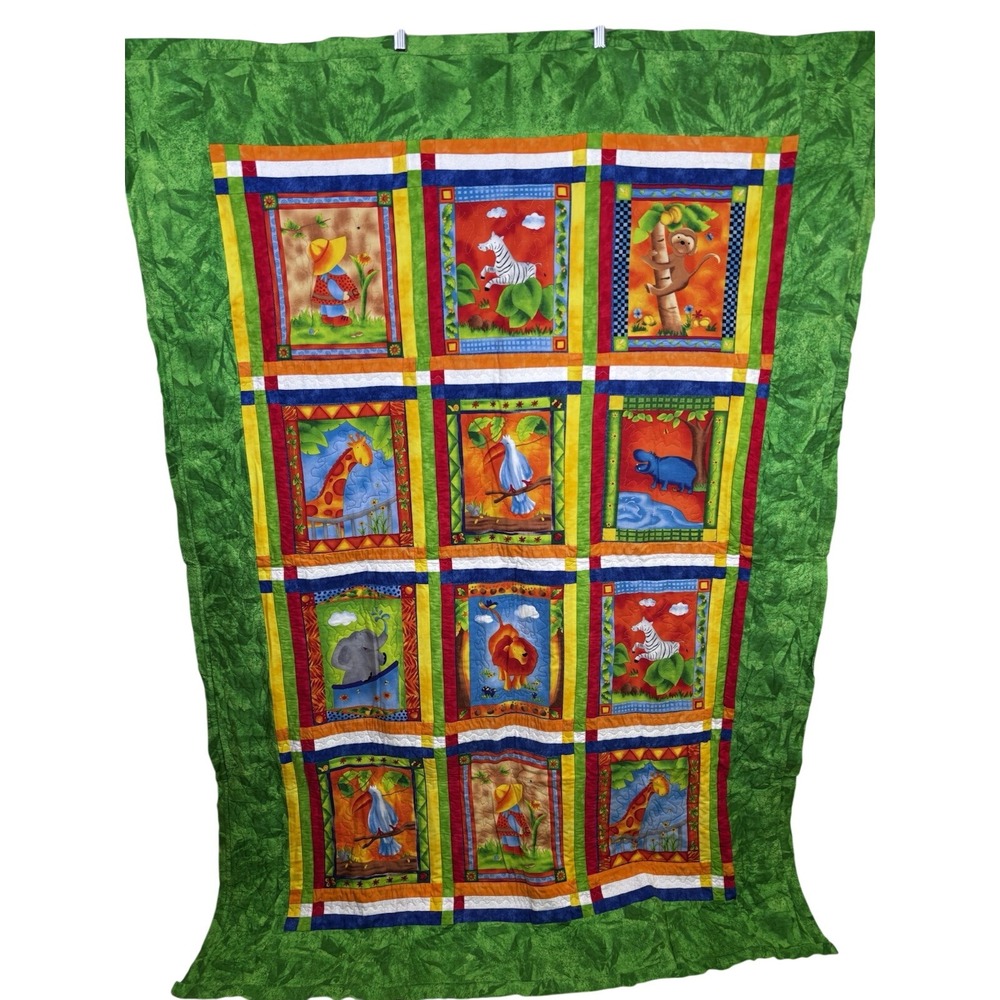 Handmade Reversible Quilt Twin 67"x 47" Jungle Animals Girl in‎ Sunhat Colorful